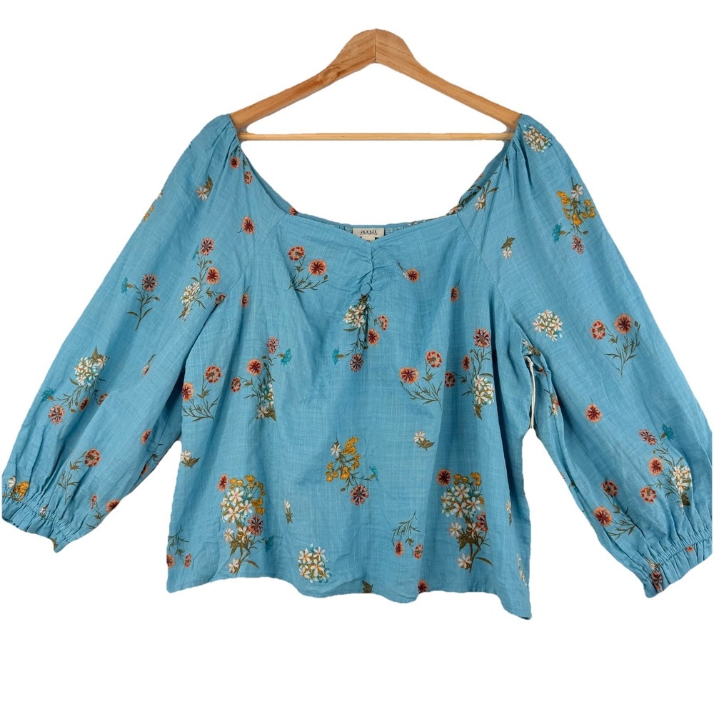 ANA Women's Top-Blouse V Neck Long Sleeve Bethany Floral Blue SZ-0X Rayon,cotton
